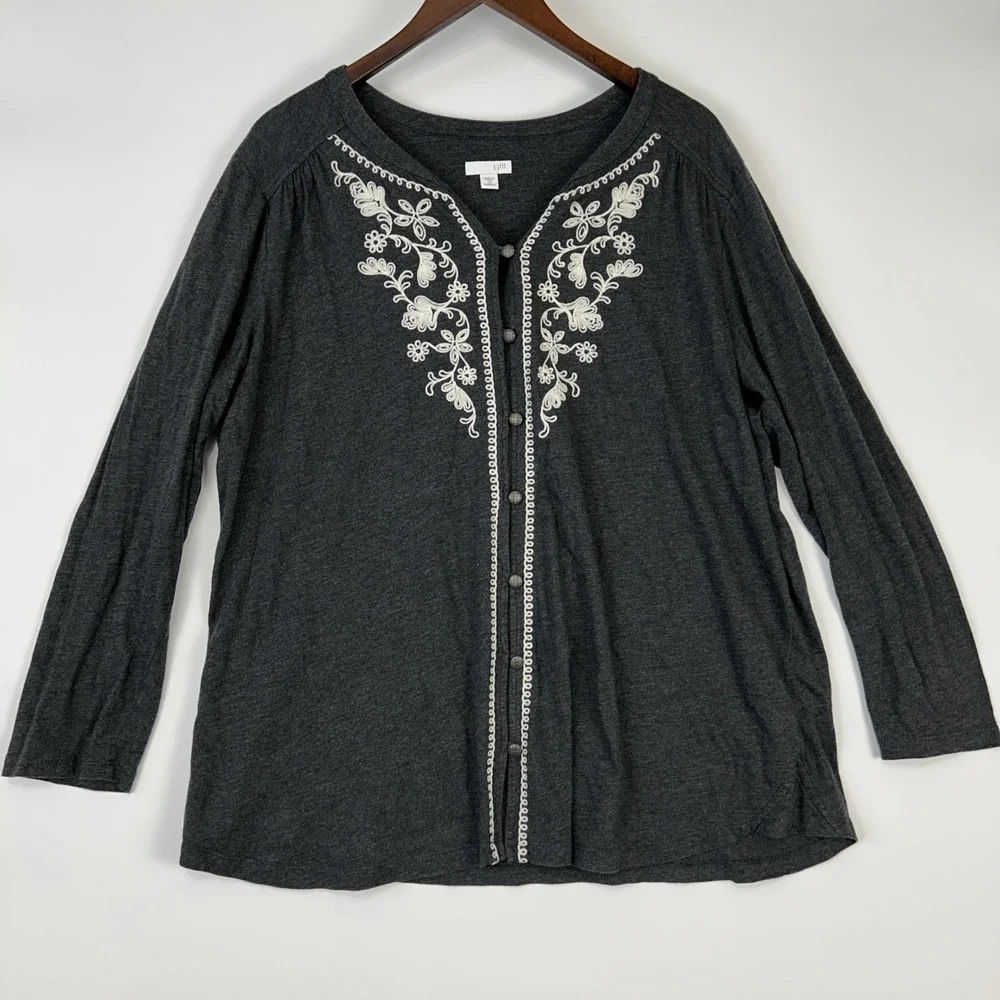 J Jill Womens Embroidered Top Size 2X Gray Button Up Modal Stretchy Basic